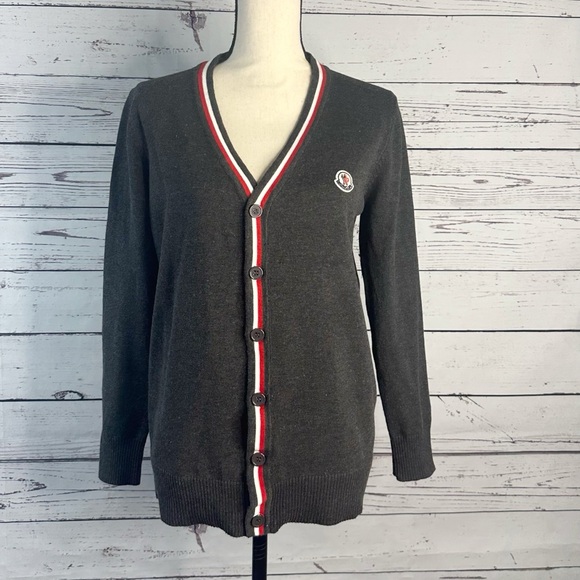 Moncler Sweaters - Moncler Dark Gray Cardigan with Red and White Trim